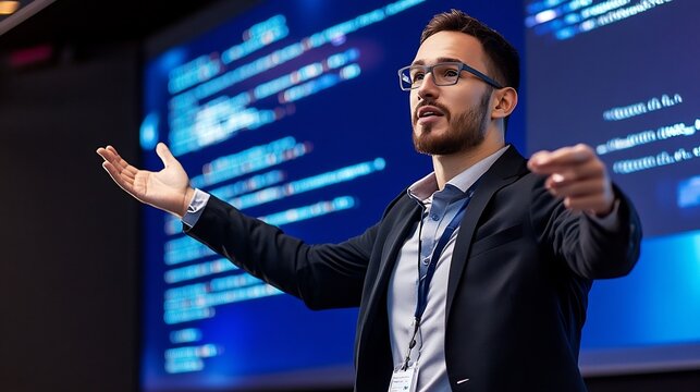 Professional Motivational Speaker Presenting at a Corporate Conference with Large Projection Screen Displaying Software Code - Powered by Adobe
