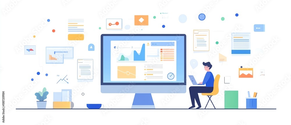 Aufkleber Digital document management interface on a laptop, user interacting with icons for text, images, and data points, clean and modern generative AI layout