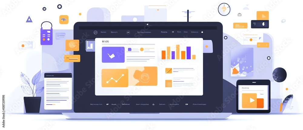 Poster Digital document management interface on a laptop, user interacting with icons for text, images, and data points, clean and modern generative AI layout