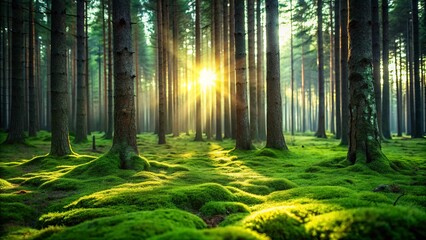 Obraz premium Serene Sunrise Illuminating a Lush Mossy Forest Floor