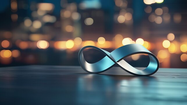   A photo of an indeterminate shape on a table in front of a hazy urban landscape at night