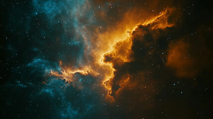 Obraz premium Stunning cosmic nebula glowing in orange and blue colors with twinkling stars in the night sky