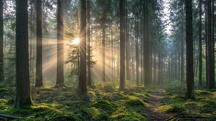 Obraz premium Enchanting Sunlight Filtering Through a Majestic Forest
