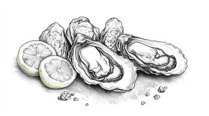 Minimalist seafood platter with oysters and lemon, stark clean background, [appetizers], [sophisticated seafood]