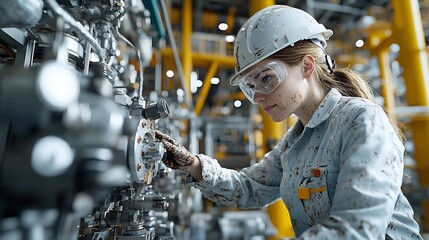 Industrious female oil rig engineer in safety gear inspecting the intricate machinery of an offshore energy platform surrounded by metallic structures and pipes in a industrial setting