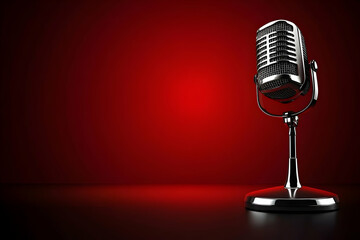 Vintage microphone on a red background, ready for a performance or podcast recording.  Perfect for music, broadcasting, and retro themes.