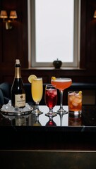 Obraz premium Bar scene featuring mature-atmosphere and various cocktails served including champagne in bubble-filled liquor bottles