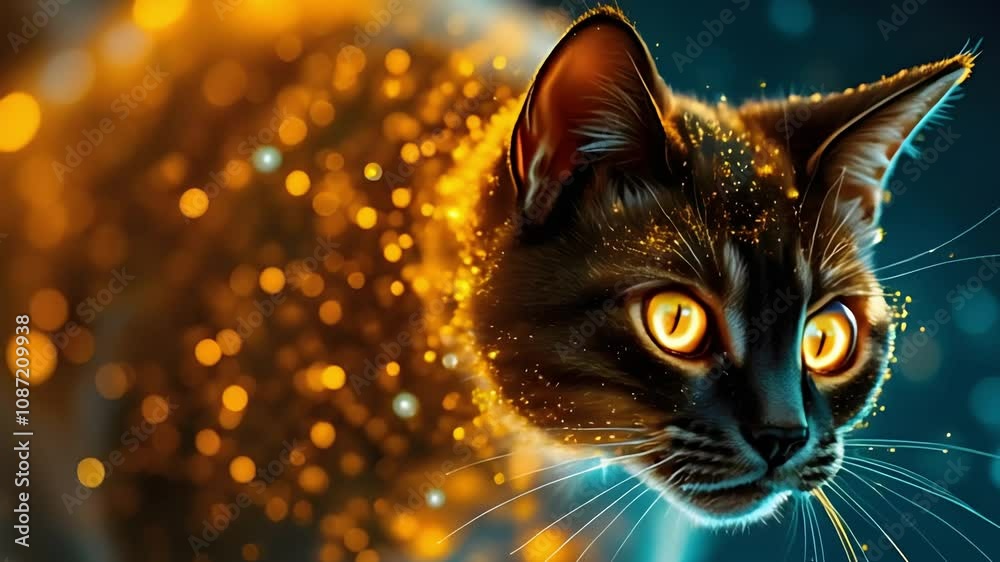 Poster A Vibrant Cat Dissolving into Glowing Particles: An Artistic Representation of Transformation and Whimsy