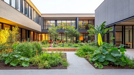 Educational oasis featuring a school building and serene courtyard garden, ideal for student study and relaxation among lush greenery