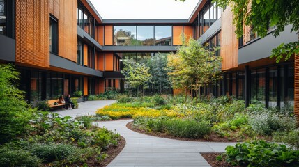 Educational oasis featuring a school building embraced by a serene courtyard garden, providing a peaceful study environment among lush greenery