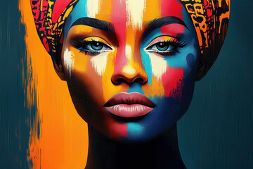 Colorful pop art portrait of a woman with bold brushstroke patterns on her face, wearing a patterned headwrap, exuding modern and cultural vibrancy.