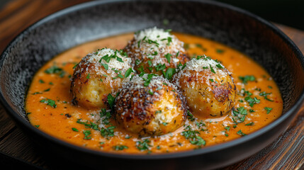 Sardine balls in rich tomato sauce with parsley and parmesan