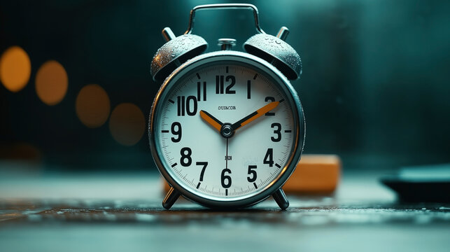 Close-up view of a vintage double bell alarm clock displaying ten past ten, with dewdrops on the bells, set against a blurred background with warm bokeh lights.
