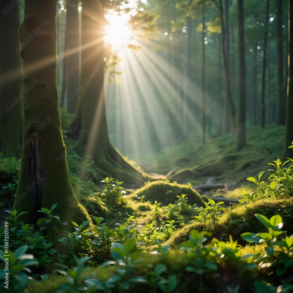 Poster Sunbeams shining through trees in a tranquil forest 