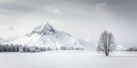 Obraz premium Serene Winter Landscape A solitary tree stands in a snow-covered field, with majestic snow-capped mountains forming a breathtaking backdrop.