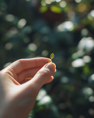 A person's fingers delicately cradle a small, young plant seedling