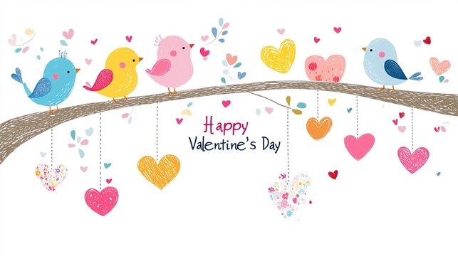 Immagine vettoriale di cuoricini gialli e rosa e di uccellini sopra un ramo d'albero e del testo "Happy Valentine's Day". Isolato su uno sfondo bianco. 