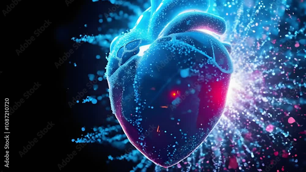 Poster A Captivating Visual of a Vigorous Heart Dissolving and Disappearing into Glowing Particles - Ideal for Wellness and Emotional Themes