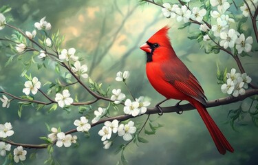 A vibrant red cardinal bird perches on a branch adorned with delicate white flowers