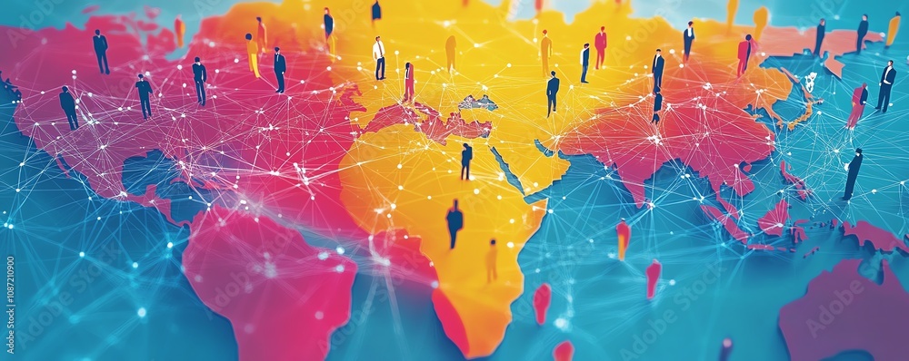 Aufkleber dynamic global business network design, featuring people and digital icons interconnected across con