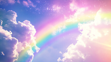 A vibrant rainbow arches over fluffy clouds in a colorful sky during a sunny afternoon