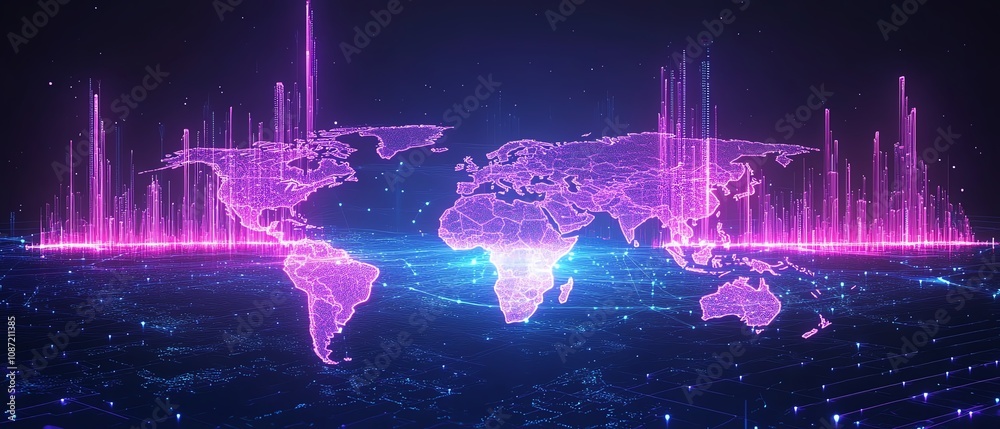Poster futuristic global business network, interconnected people and generative ai icons on world map, neon