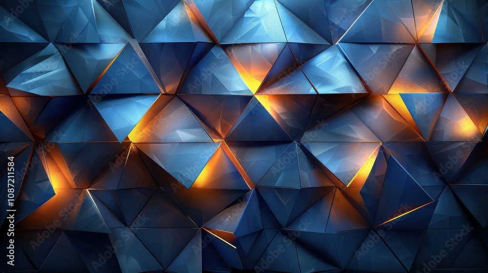 Poster abstract geometric design with blue and orange tones creating depth and texture in a modern setting