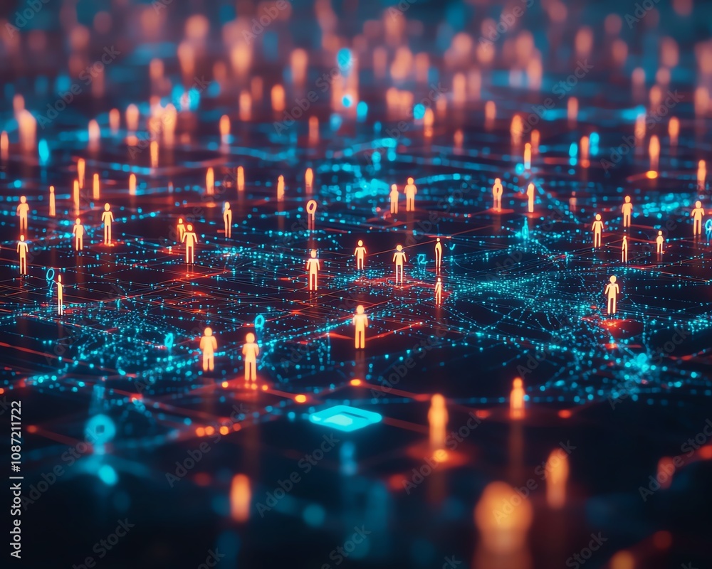 Aufkleber global digital network with interconnected people and ai icons, generative ai visual style, immersiv