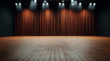 Elegant theater stage adorned with deep burgundy velvet curtains, polished wooden floor, classic stage lights creating an artistic ambiance.