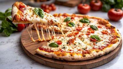 Delectable wood fired pizza with melted cheese and vibrant toppings like basil and tomatoes displayed on a rustic wooden board creating an appetizing and artisanal culinary scene