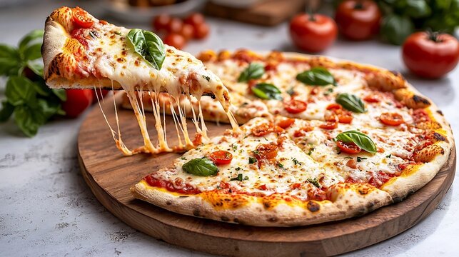 Delectable wood fired pizza with melted cheese and vibrant toppings like basil and tomatoes displayed on a rustic wooden board creating an appetizing and artisanal culinary scene - Powered by Adobe
