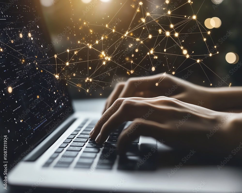 Fototapete Hands typing on a laptop, floating digital icons representing online document management and data protection, modern generative AI business technology