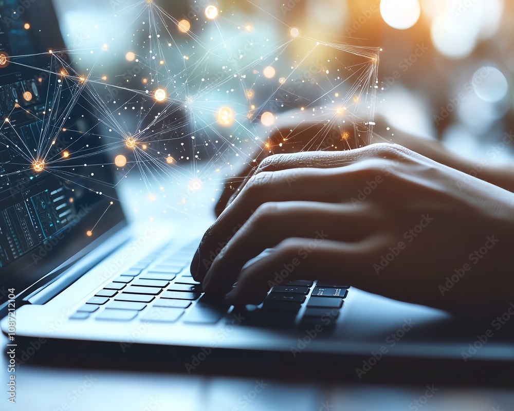 Leinwandbilder Hands typing on a laptop, floating digital icons representing online document management and data protection, modern generative AI business technology