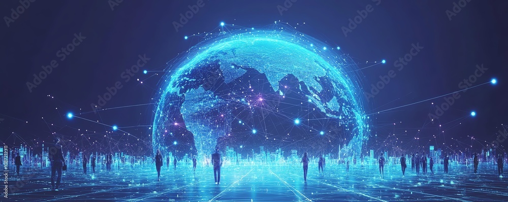 Aufkleber hightech global network representation, people connected by digital pathways, futuristic aiinspired 
