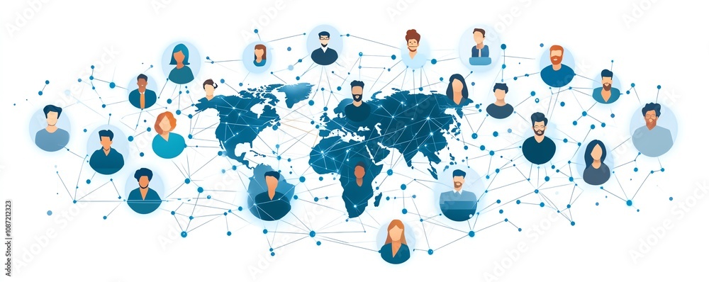 Aufkleber Hightech global network representation, people connected by digital pathways, futuristic AIinspired icons around the globe, vibrant blue and white color scheme, sleek design