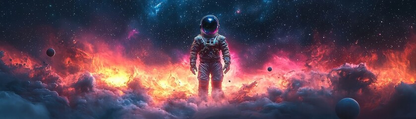 Naklejka premium Astronaut floating among cosmic clouds outer space portrait art prismatic environment digital artwork concept