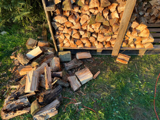 Split wood for the fireplace with a log splitter for the winter