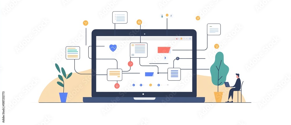 Poster laptop interface for managing digital documents, with icons of text, images, and data points, user i