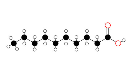 capric acid molecule, structural chemical formula, ball-and-stick model, isolated image saturated fatty acid