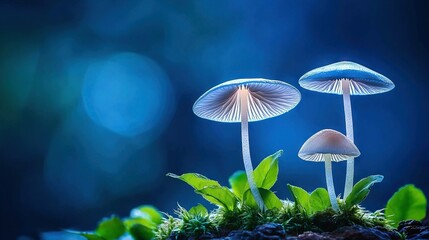 Fototapeta premium A collection of fungi atop a lush green lawn beside a verdant flora against a azure backdrop