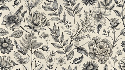 Elegant Monochrome Botanical Print Featuring a Diverse Array of Exquisitely Detailed Flowers and Leaves