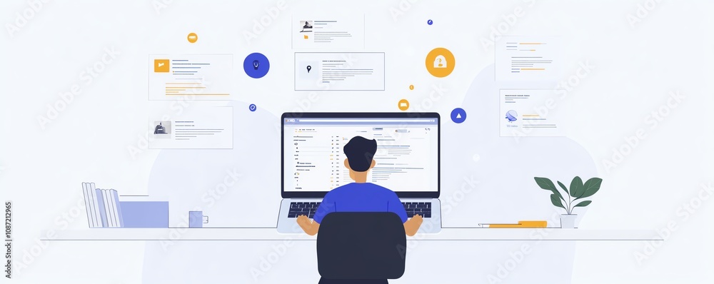 Poster Laptop user managing digital documents, icons representing text, images, and data points floating above, minimalist and sleek design, generative AI concept