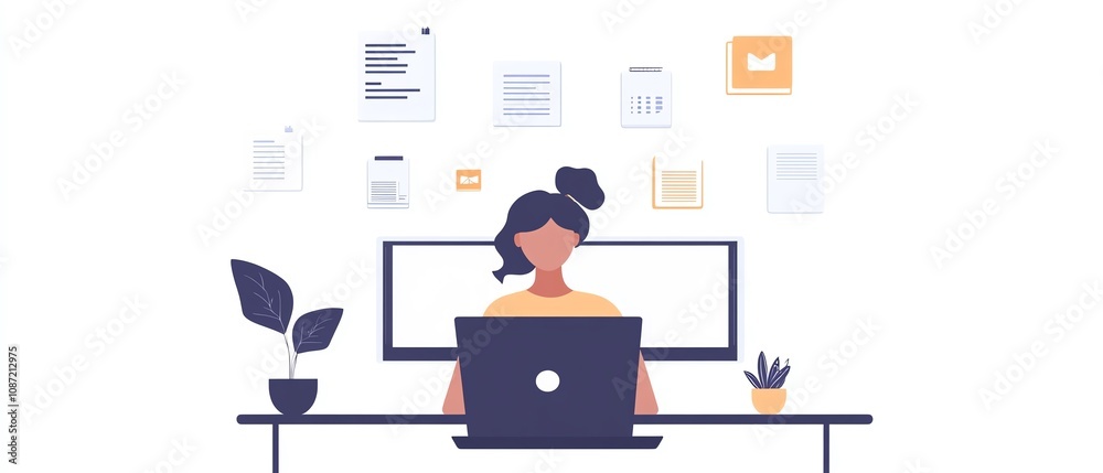 Poster Laptop user managing digital documents through an online system, icons and files floating around the screen, generative AIdriven interface