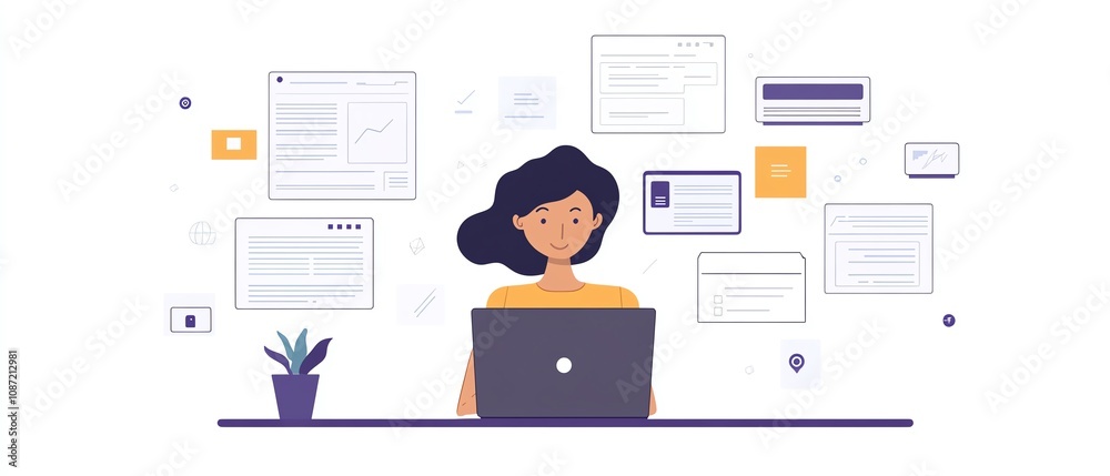 Poster Laptop user managing digital documents through an online system, icons and files floating around the screen, generative AIdriven interface