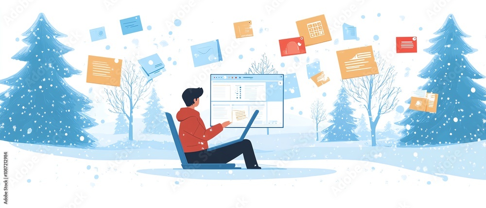 Poster Laptop user managing digital documents through an online system, icons and files floating around the screen, generative AIdriven interface