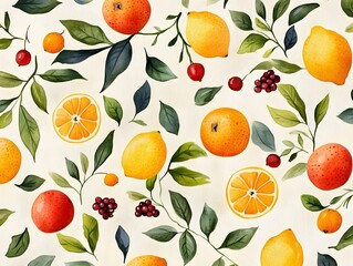 Hand drawn fruit pattern with small oranges, lemons, and berries on a light background.