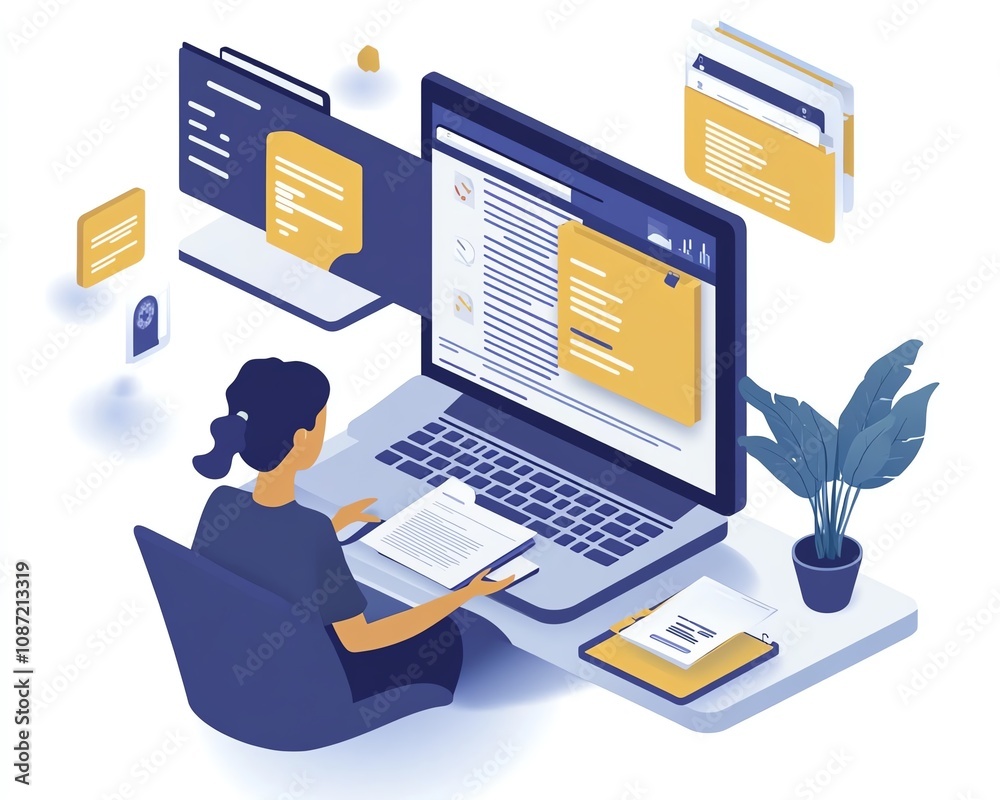 Poster Person accessing an online document management platform on their laptop, digital documents and icons floating on the screen, innovative generative AI technology