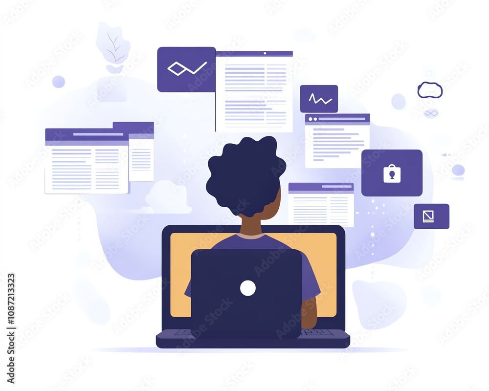 Poster Person accessing an online document management platform on their laptop, digital documents and icons floating on the screen, innovative generative AI technology