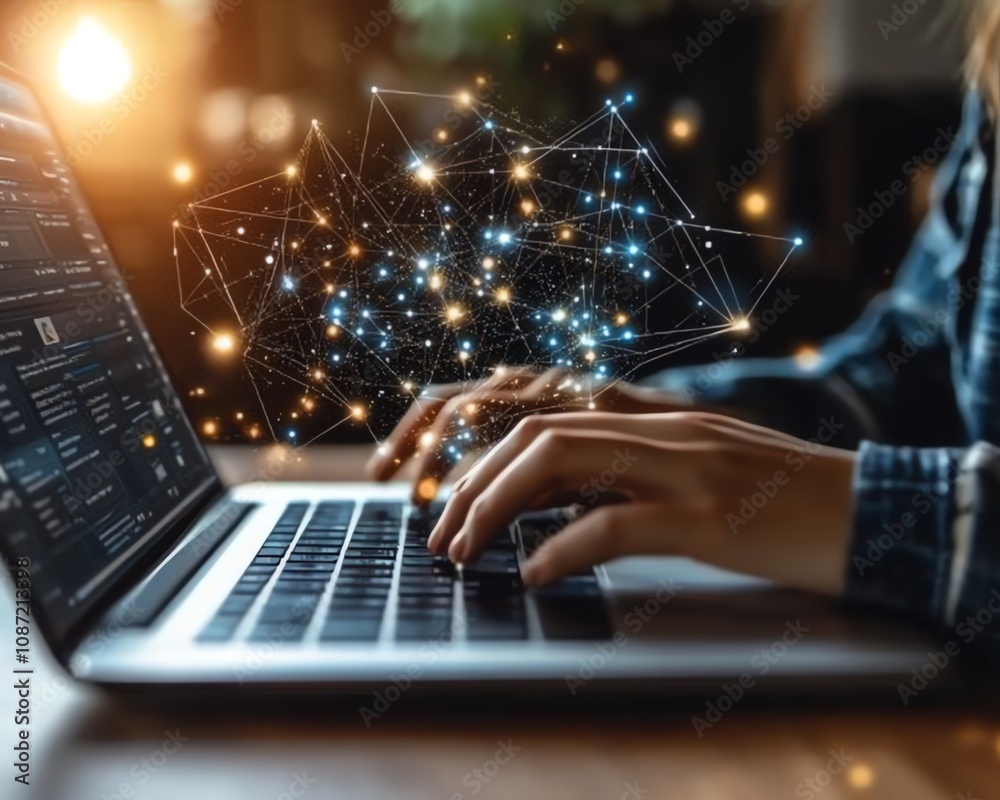 Poster Person accessing an online document management platform on their laptop, digital documents and icons floating on the screen, innovative generative AI technology