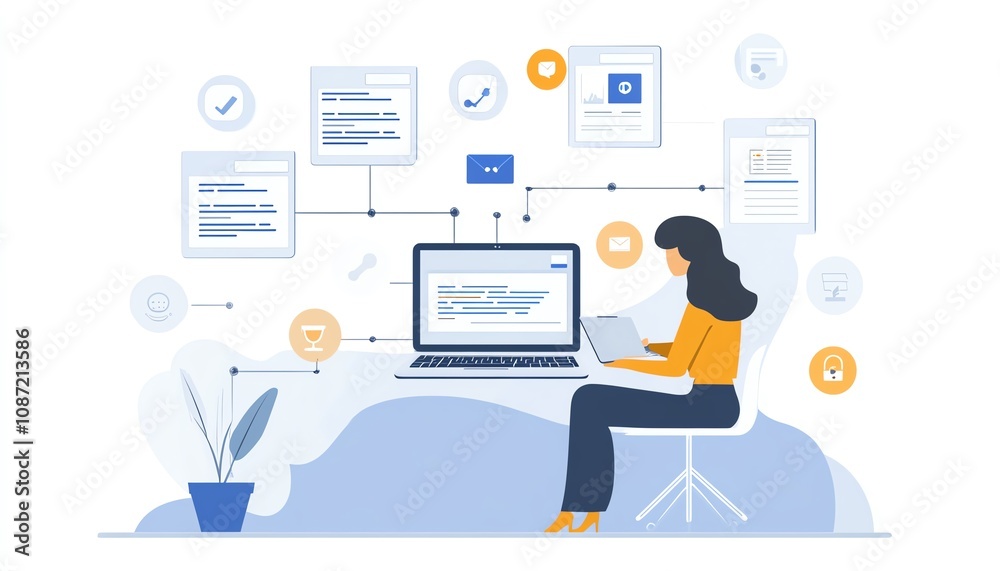 Poster person interacting with a laptop interface to manage digital documents, icons representing text, ima